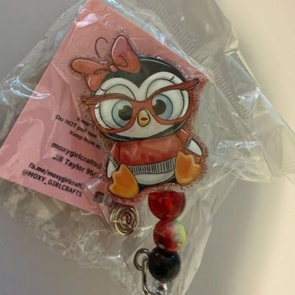Cute Penguin Badge Reel with Beaded Charm - Pink Red Black